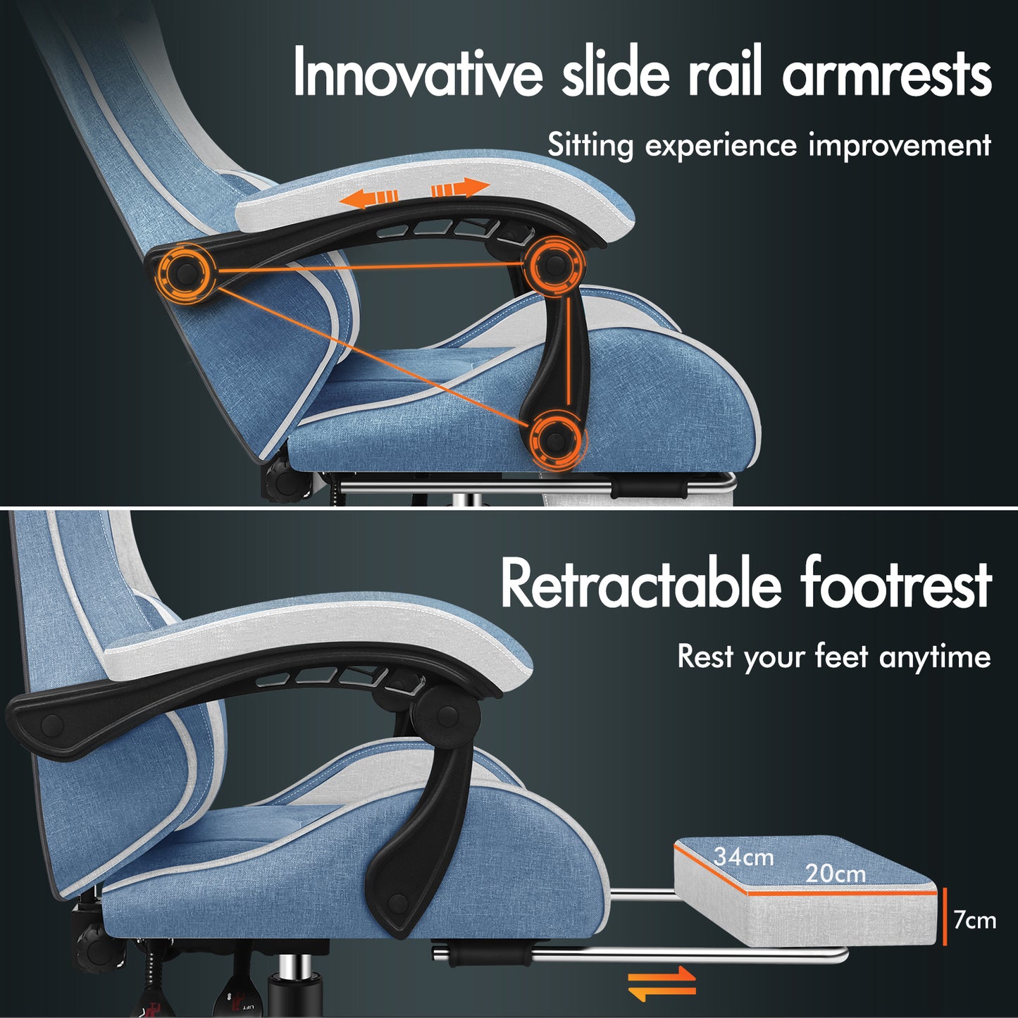 ELFORDSON Gaming Chair with 2-Point Massage Lumbar Cushion, 150° Reclining, Fabric, Blue