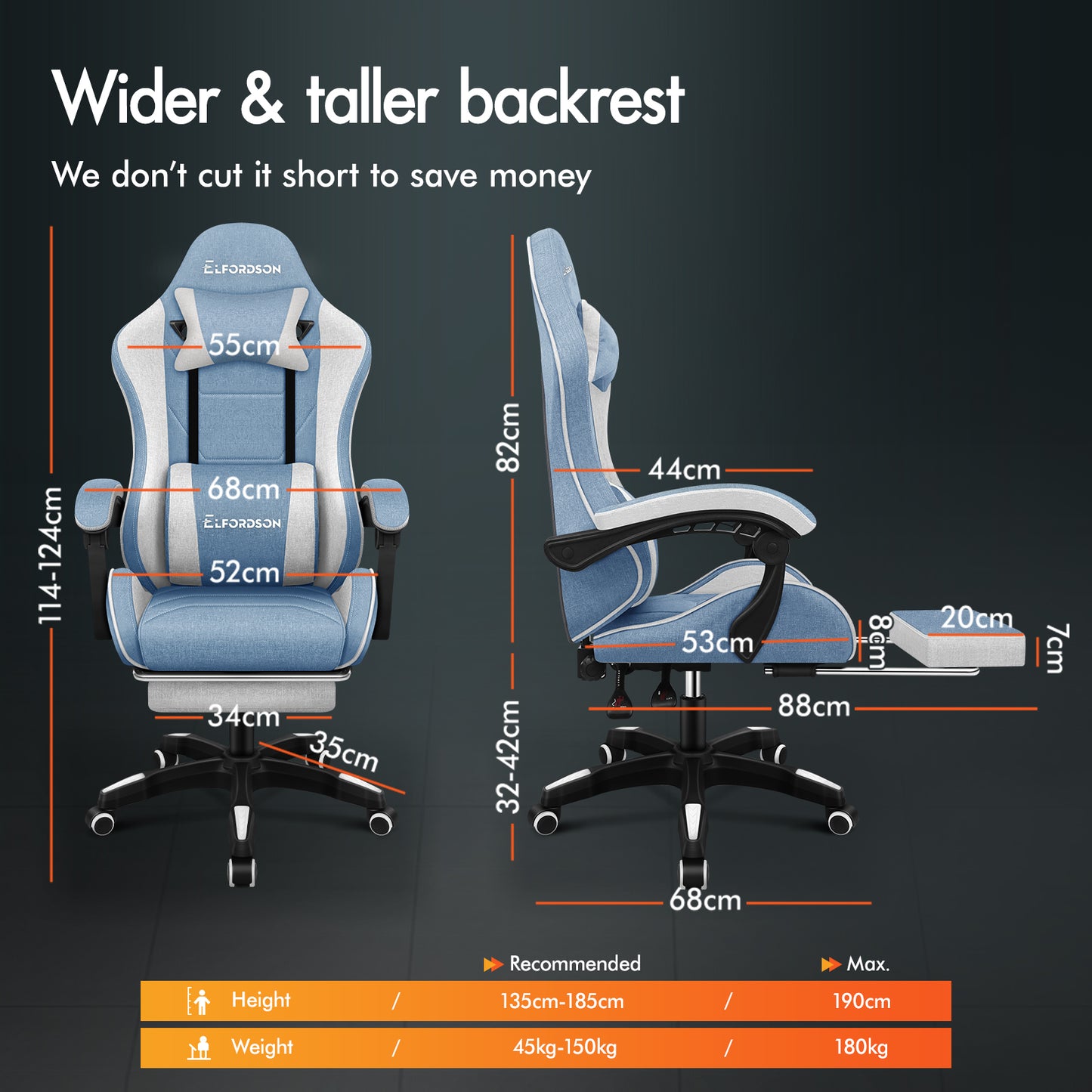 ELFORDSON Gaming Chair with 2-Point Massage Lumbar Cushion, 150° Reclining, Fabric, Blue