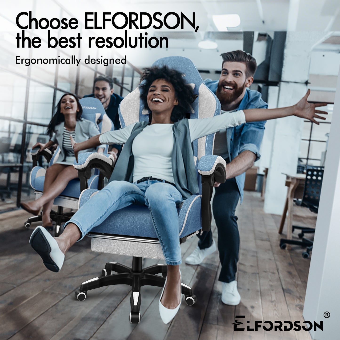 ELFORDSON Gaming Chair with 2-Point Massage Lumbar Cushion, 150° Reclining, Fabric, Blue