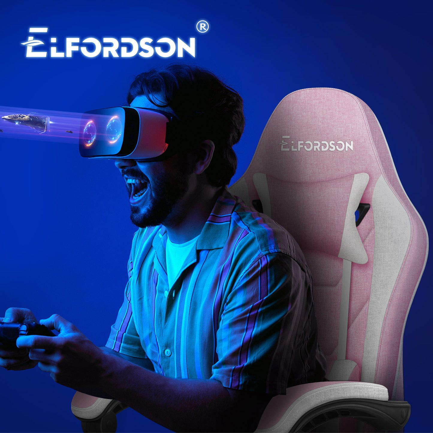 ELFORDSON Gaming Chair with 2-Point Massage Lumbar Cushion, 150° Reclining, Fabric, Pink