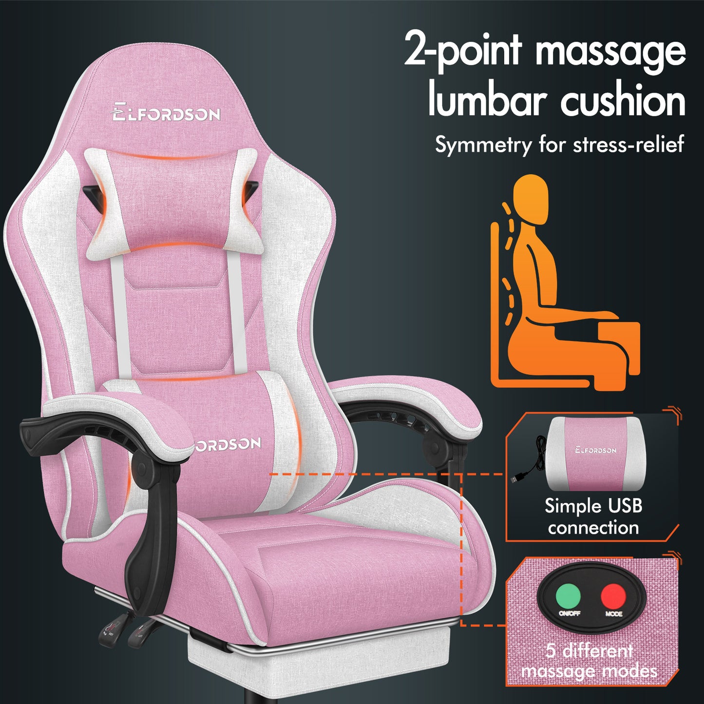 ELFORDSON Gaming Chair with 2-Point Massage Lumbar Cushion, 150° Reclining, Fabric, Pink