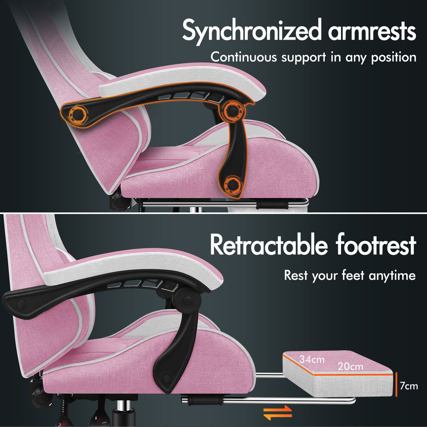 ELFORDSON Gaming Chair with 2-Point Massage Lumbar Cushion, 150° Reclining, Fabric, Pink