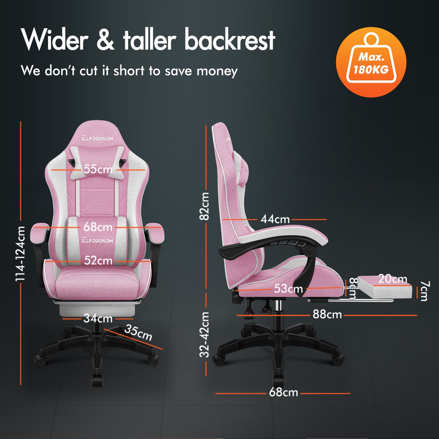 ELFORDSON Gaming Chair with 2-Point Massage Lumbar Cushion, 150° Reclining, Fabric, Pink