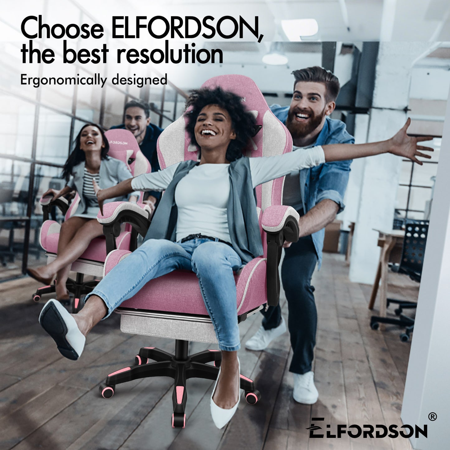 ELFORDSON Gaming Chair with 2-Point Massage Lumbar Cushion, 150° Reclining, Fabric, Pink