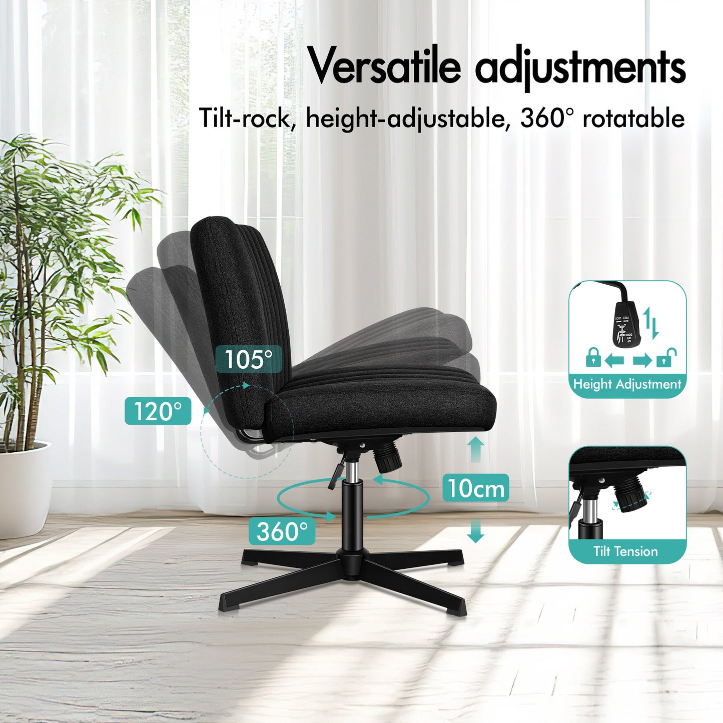 ELFORDSON Office Chair Computer Executive Seat Work Ottoman Fabric Black