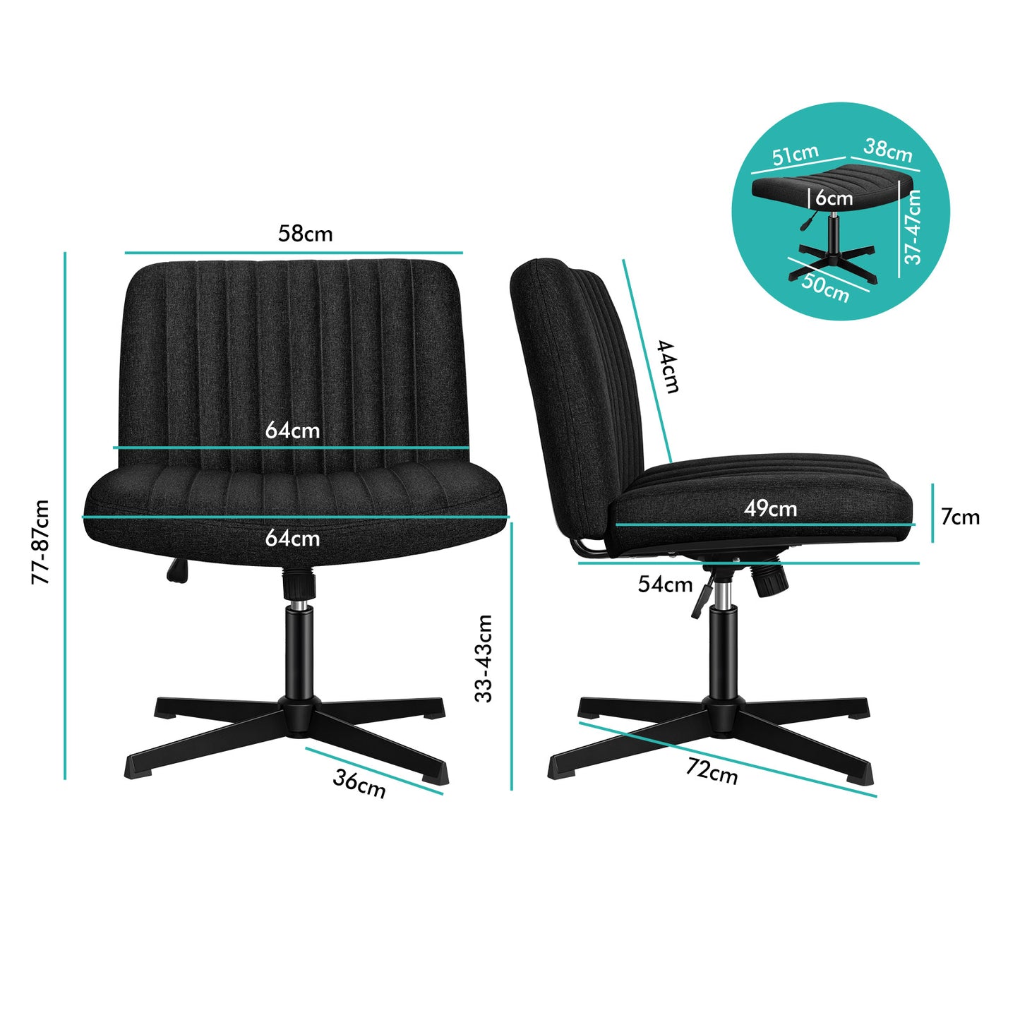 ELFORDSON Office Chair Computer Executive Seat Work Ottoman Fabric Black