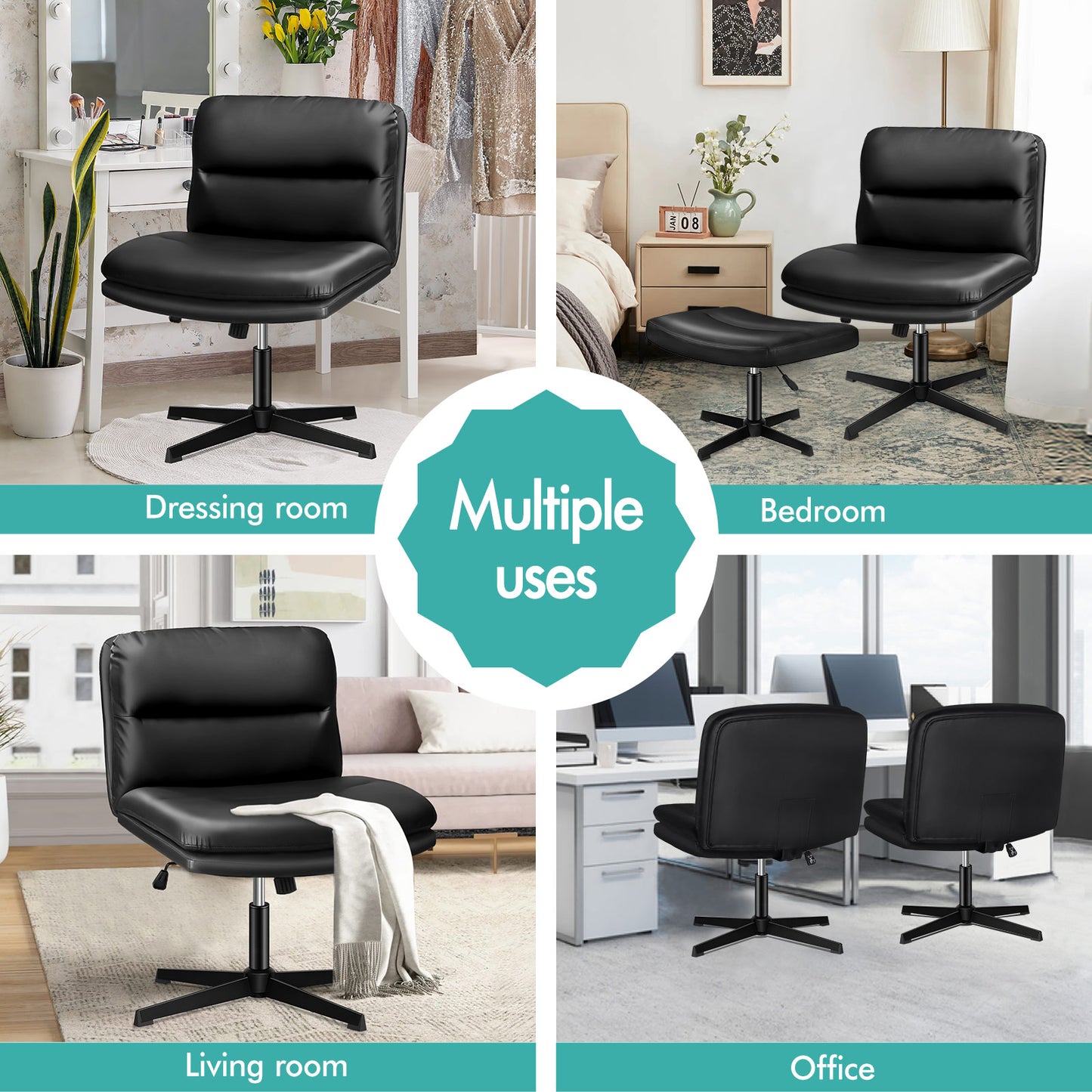 ELFORDSON Office Chair Computer Cross-legged Seat Work Ottoman PU Leather Black