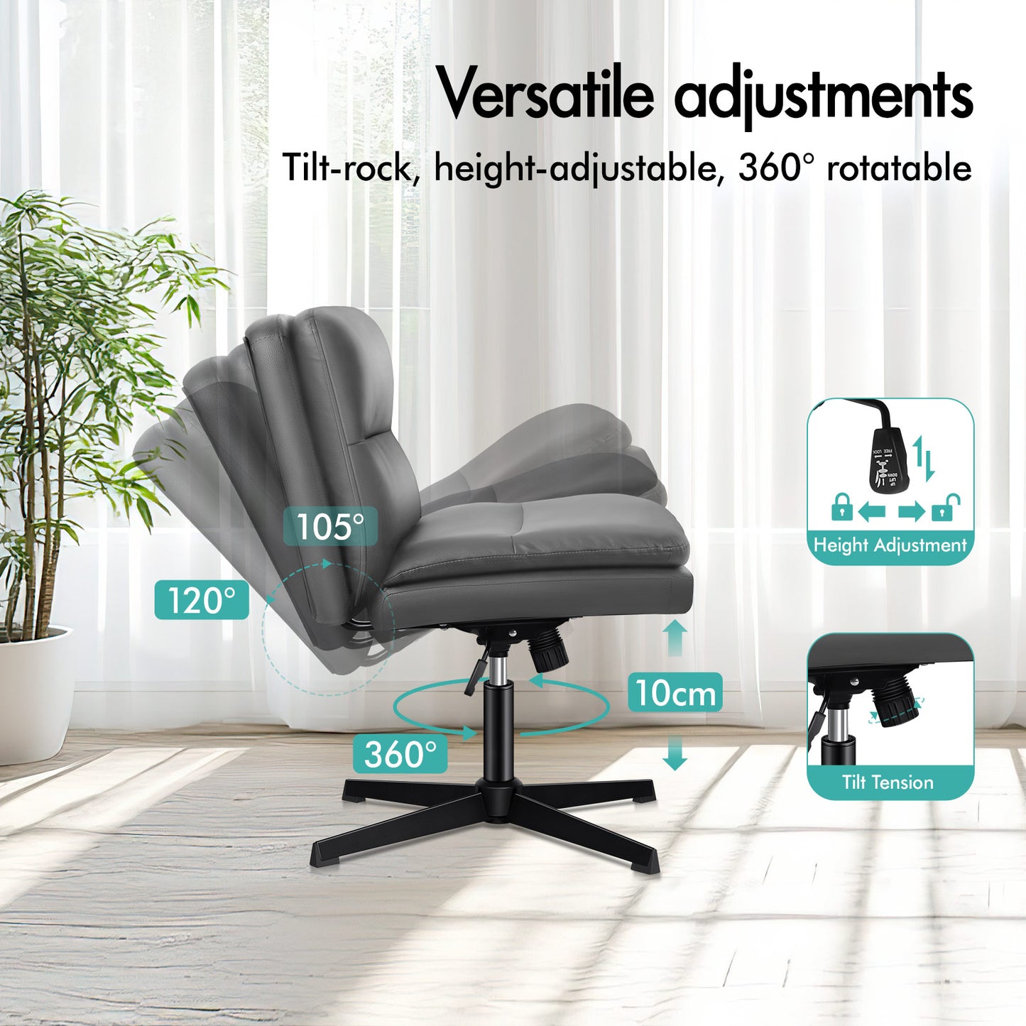 ELFORDSON Office Chair Computer Cross-legged Seat Work Ottoman PU Leather Grey