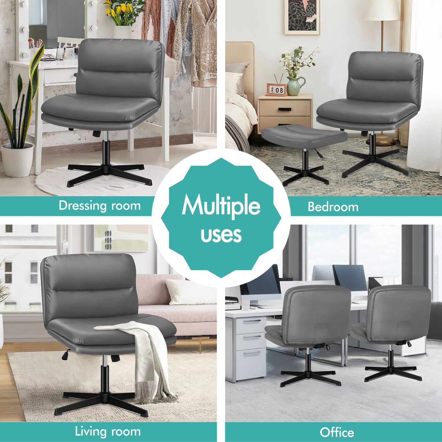 ELFORDSON Office Chair Computer Cross-legged Seat Work Ottoman PU Leather Grey