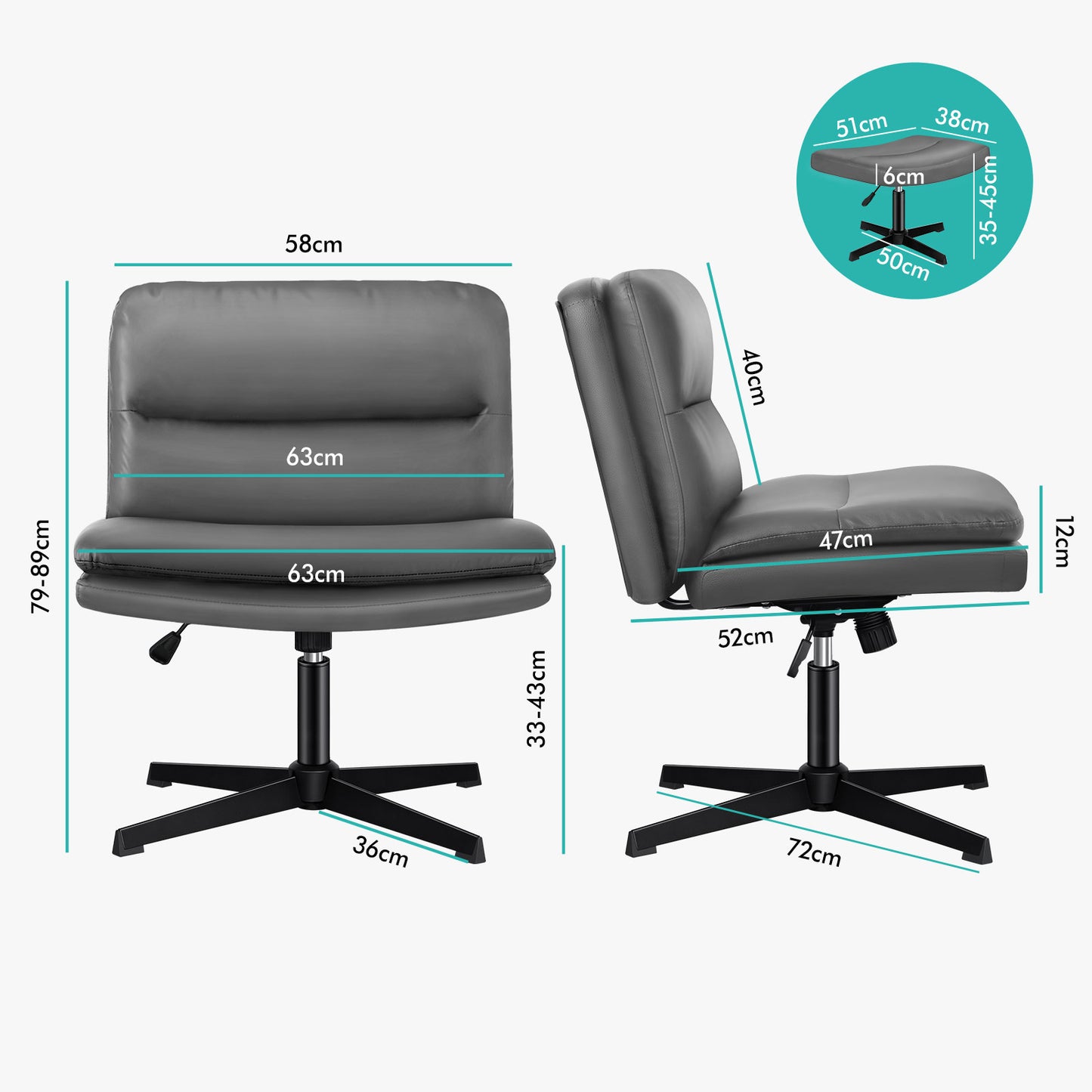 ELFORDSON Office Chair Computer Cross-legged Seat Work Ottoman PU Leather Grey