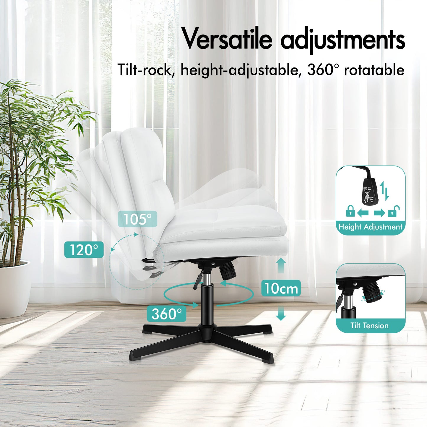 ELFORDSON Office Chair Computer Cross-legged Seat Work Ottoman PU Leather White