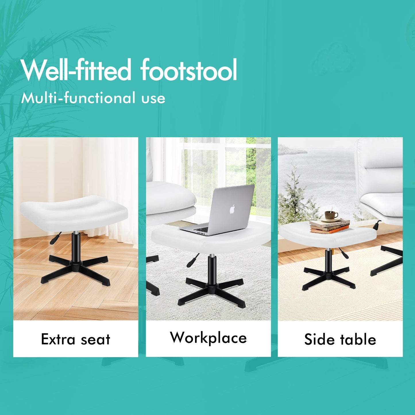 ELFORDSON Office Chair Computer Cross-legged Seat Work Ottoman PU Leather White