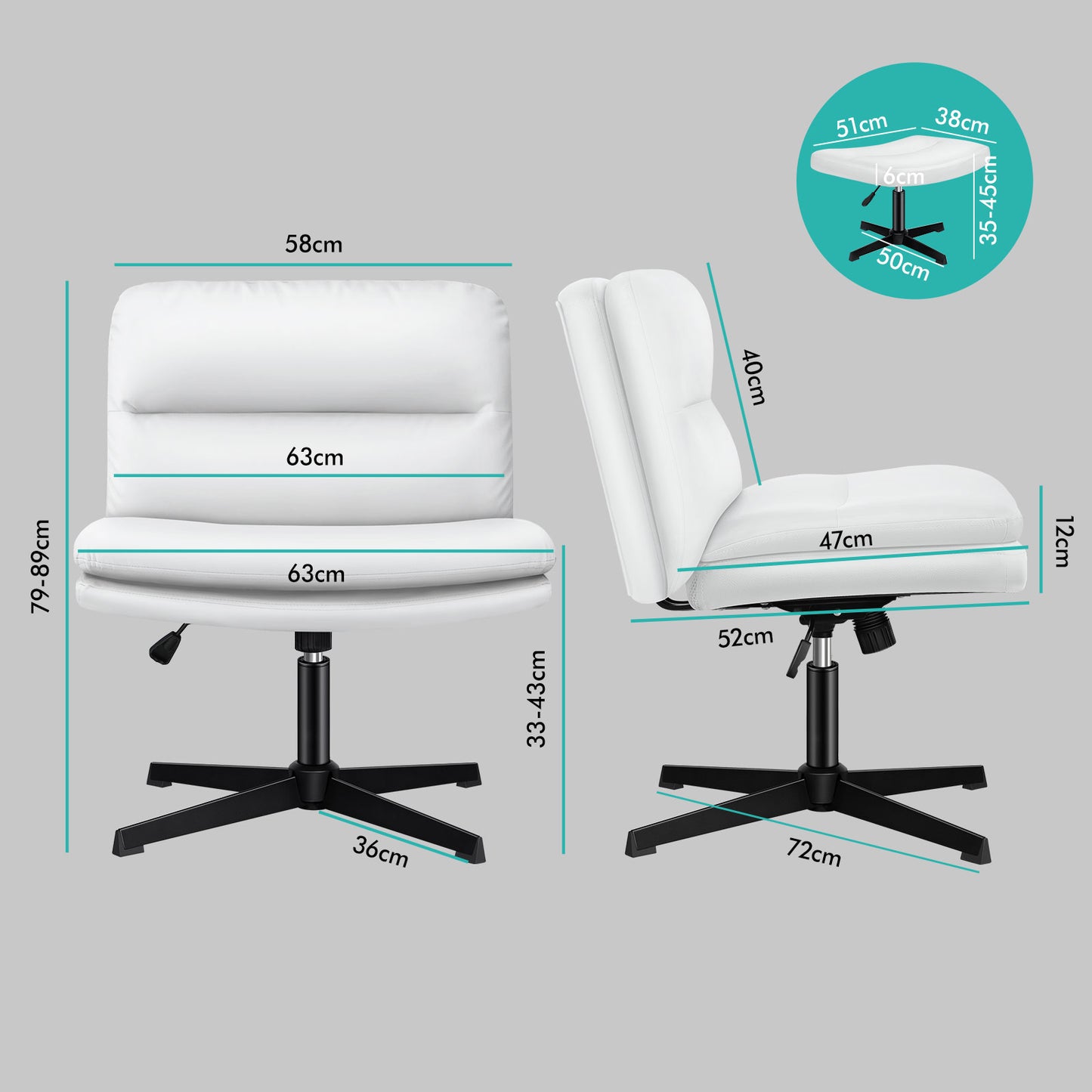 ELFORDSON Office Chair Computer Cross-legged Seat Work Ottoman PU Leather White