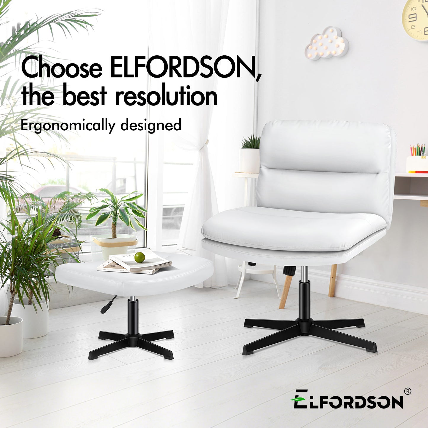 ELFORDSON Office Chair Computer Cross-legged Seat Work Ottoman PU Leather White