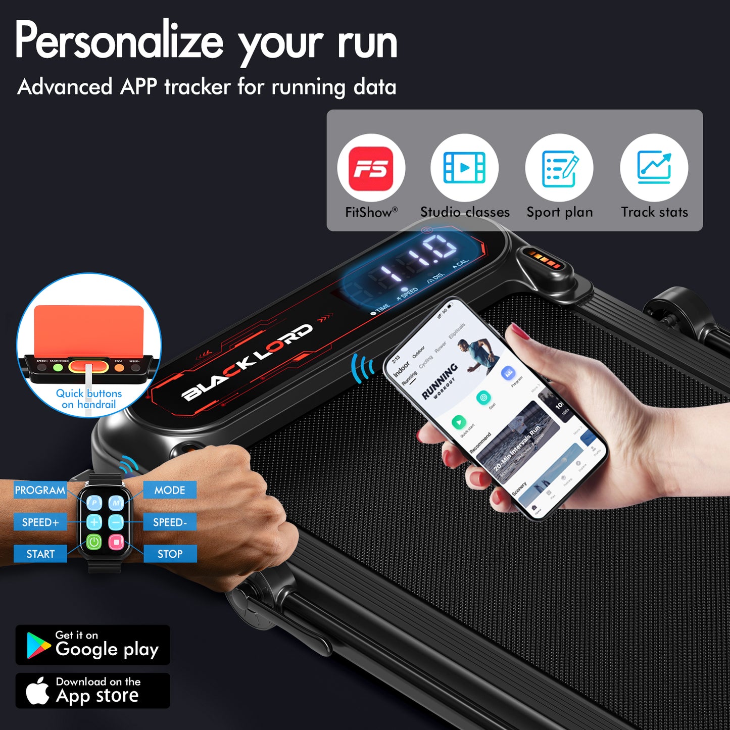 BLACK LORD Treadmill Electric Walking Pad Incline Shock Absorbers Foldable Black