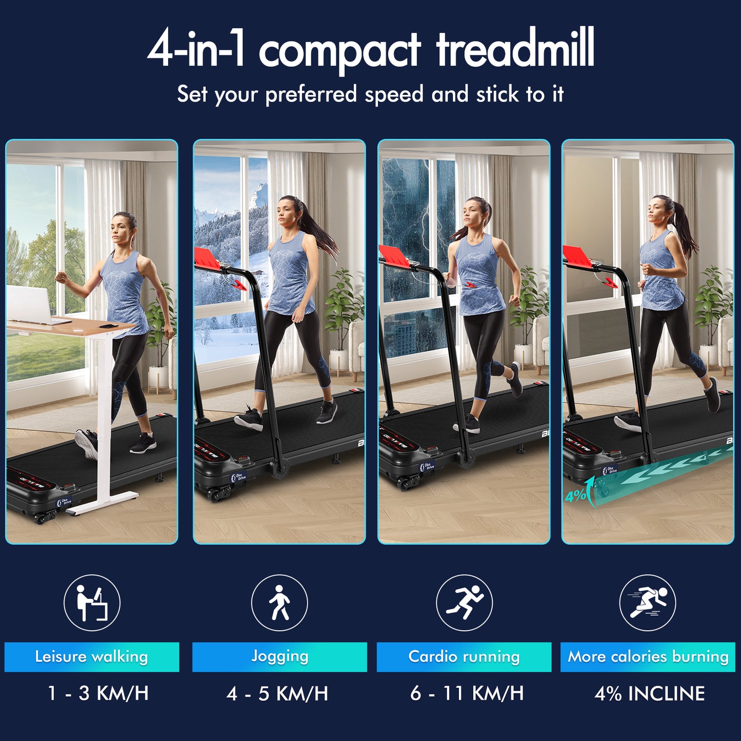 BLACK LORD Treadmill Electric Walking Pad Incline Shock Absorbers Foldable Black