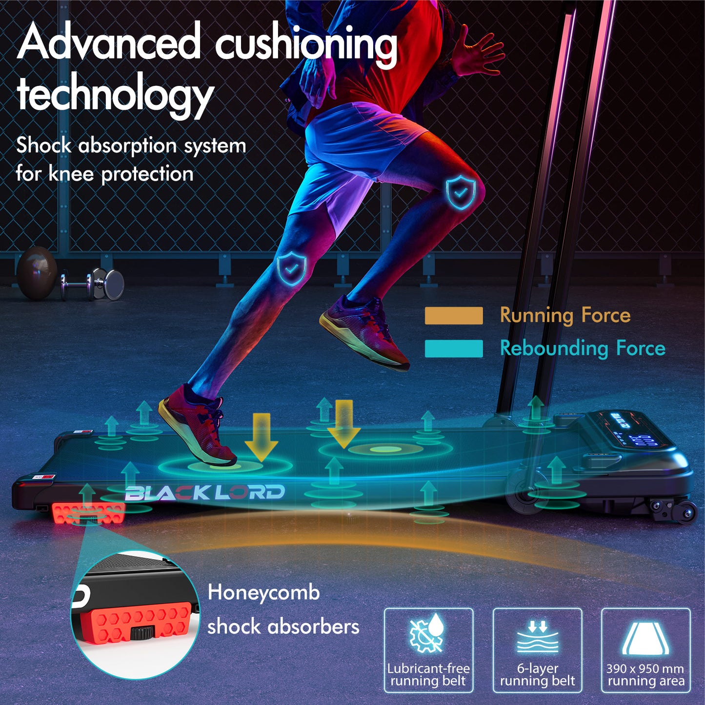 BLACK LORD Treadmill Electric Walking Pad Incline Shock Absorbers Foldable Black