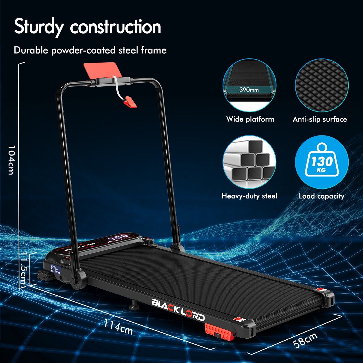 BLACK LORD Treadmill Electric Walking Pad Incline Shock Absorbers Foldable Black