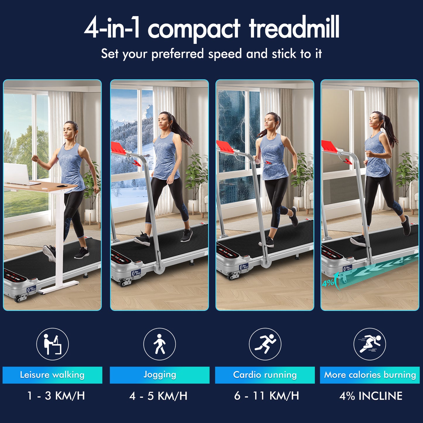 BLACK LORD Treadmill Electric Walking Pad Incline Shock Absorbers Foldable Silver
