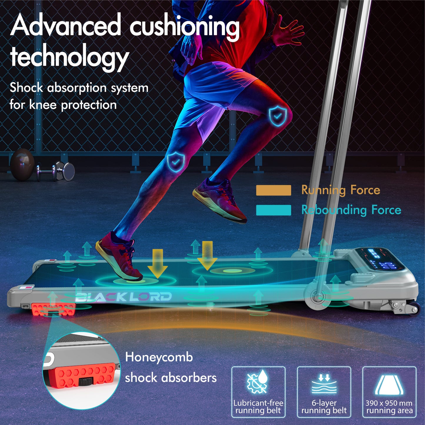 BLACK LORD Treadmill Electric Walking Pad Incline Shock Absorbers Foldable Silver