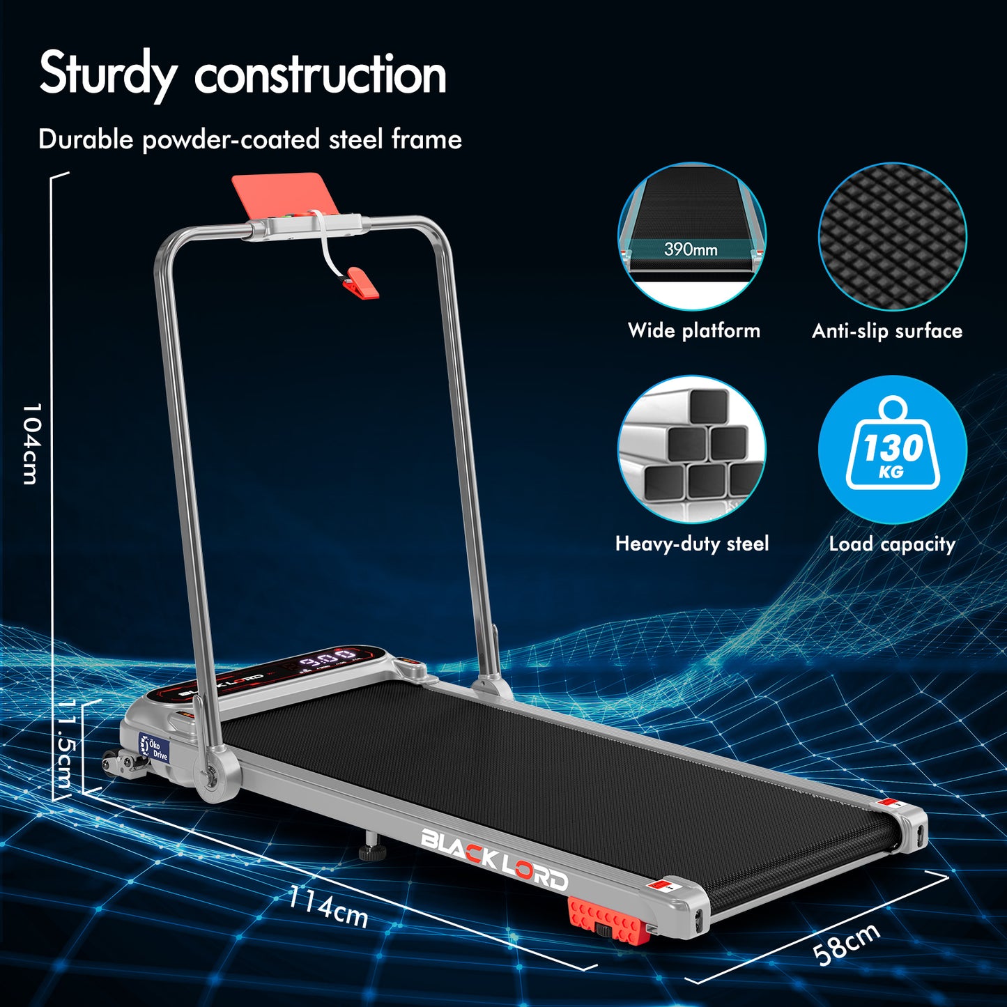 BLACK LORD Treadmill Electric Walking Pad Incline Shock Absorbers Foldable Silver