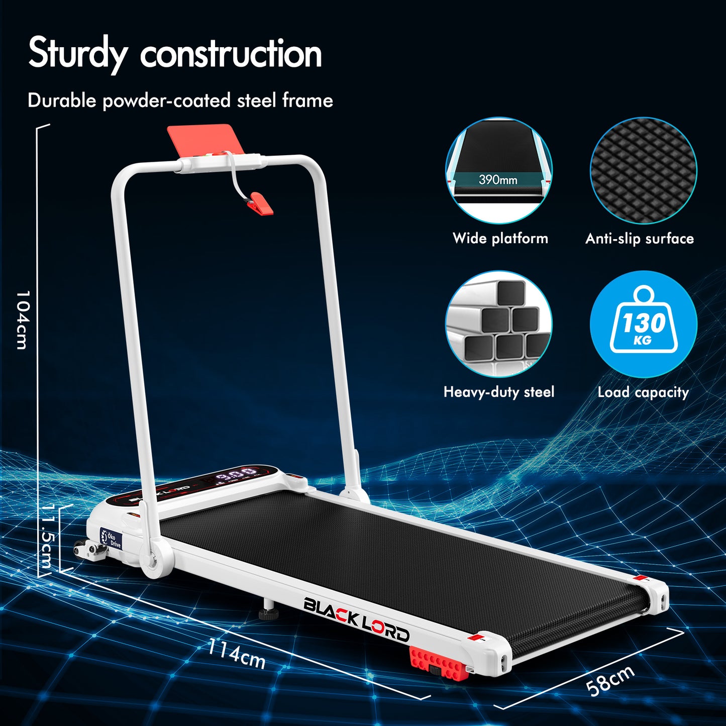 BLACK LORD Treadmill Electric Walking Pad Incline Shock Absorbers Foldable White