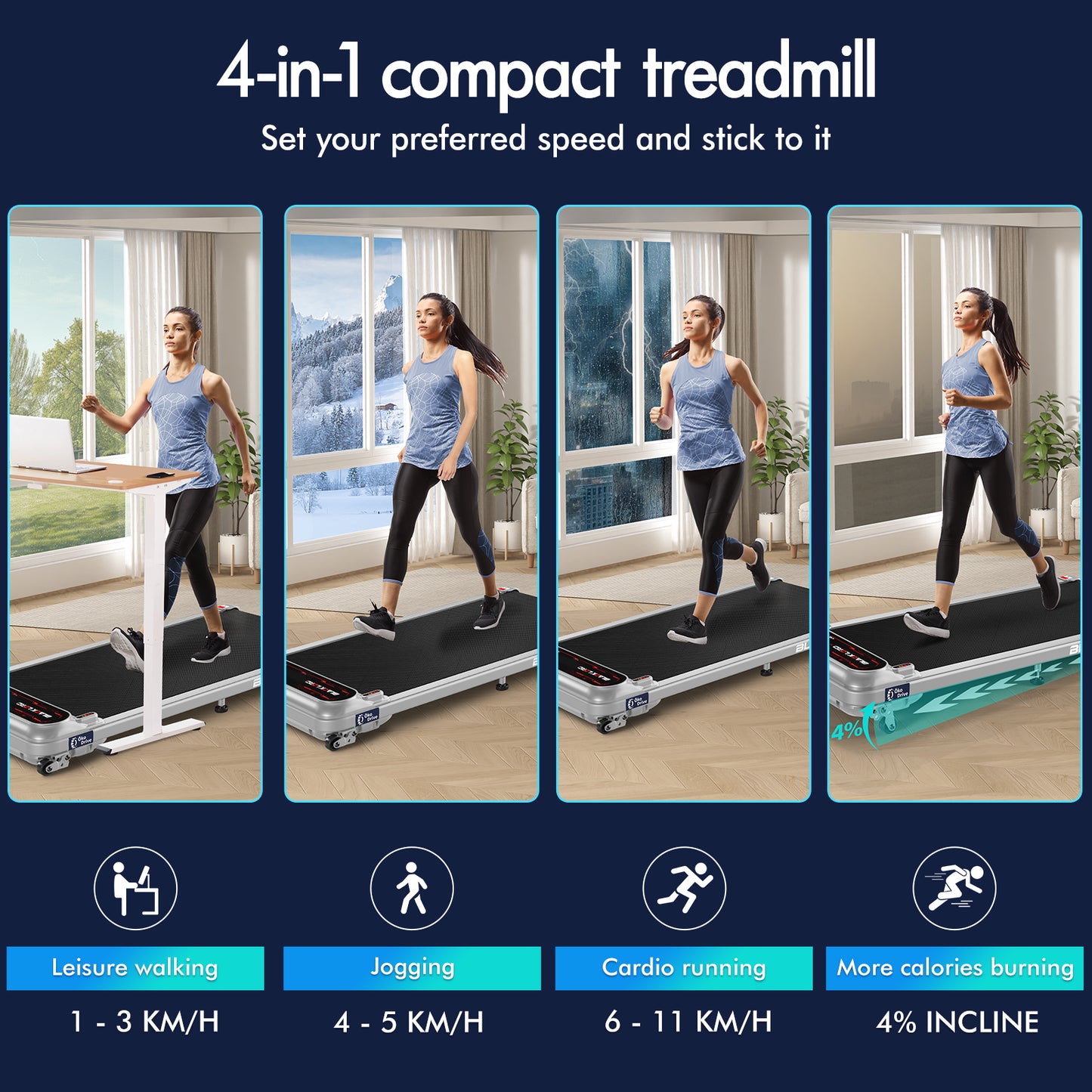 BLACK LORD Treadmill Electric Walking Pad Incline Shock Absorbers Gym Silver