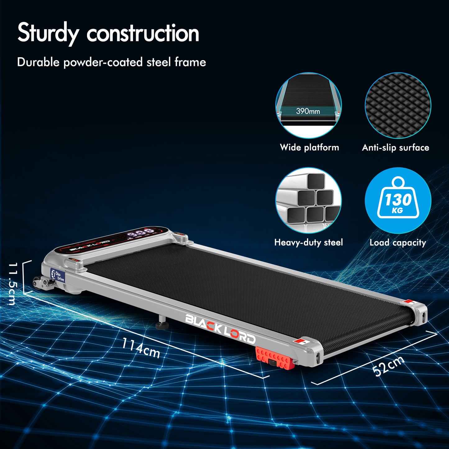 BLACK LORD Treadmill Electric Walking Pad Incline Shock Absorbers Gym Silver