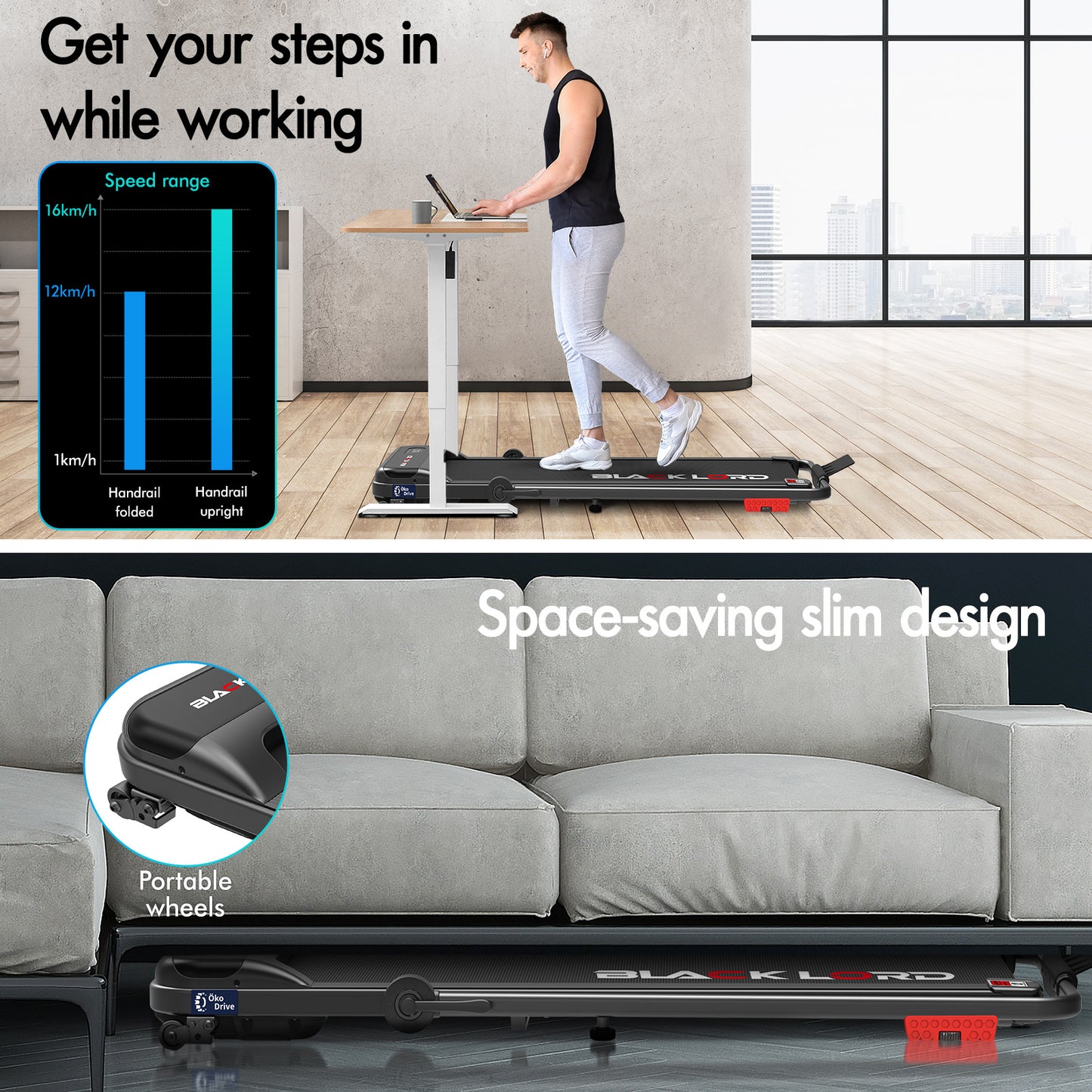 BLACK LORD Treadmill Electric Walking Pad Home Office Incline Foldable Black