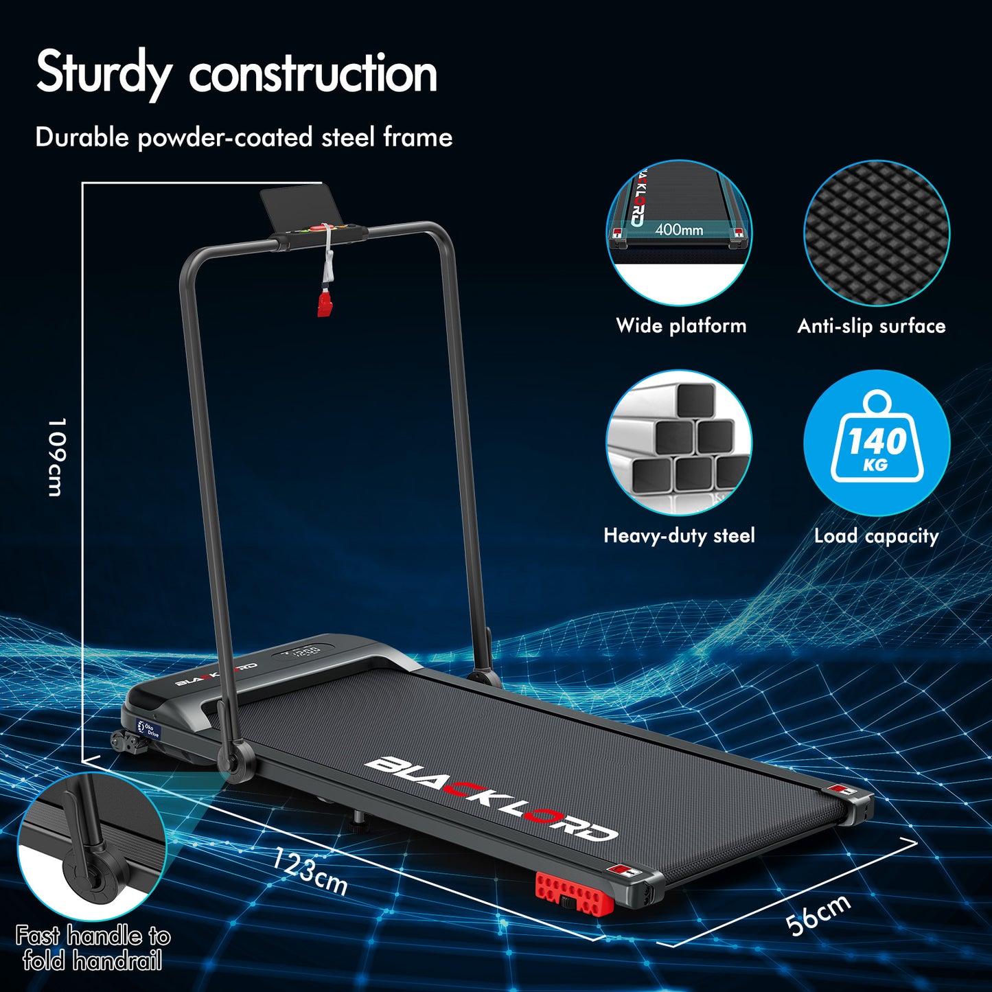 BLACK LORD Treadmill Electric Walking Pad Home Office Incline Foldable Black