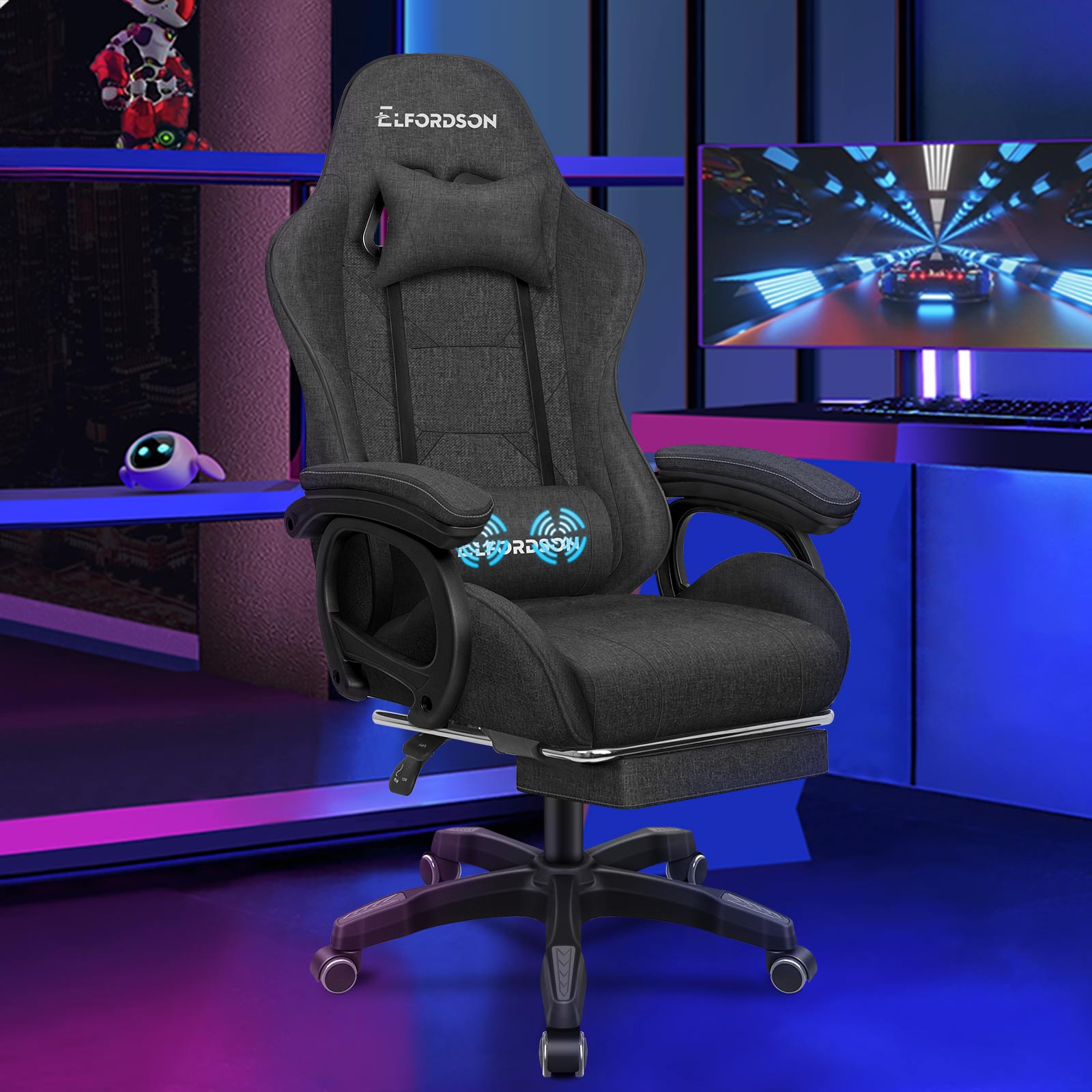 ELFORDSON Gaming Chair Office Massage Computer Fabric Racing Seat