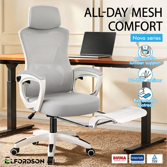 ELFORDSON Mesh Office Chair Racing Executive Fabric Seat Recliner Grey and White