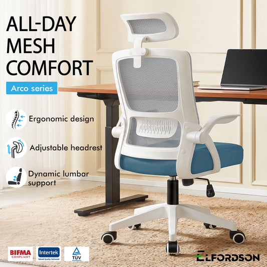 ELFORDSON Mesh Office Chair Executive Fabric Seat Tilt Computer Blue and Grey