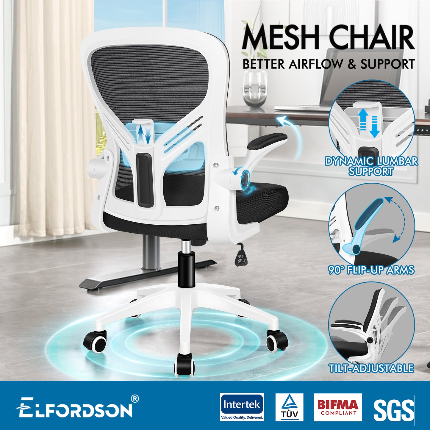 ELFORDSON Mesh Office Chair Executive Tilt Fabric Computer Work Black and White