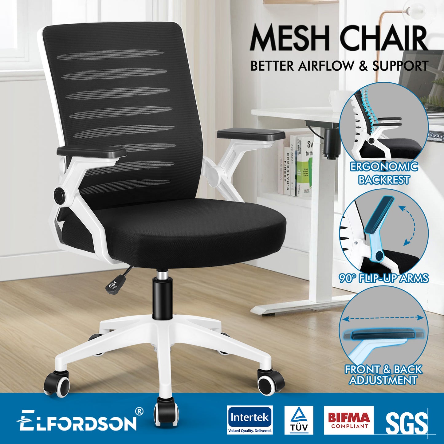 ELFORDSON Mesh Office Chair Executive Computer Seat Work Black and White