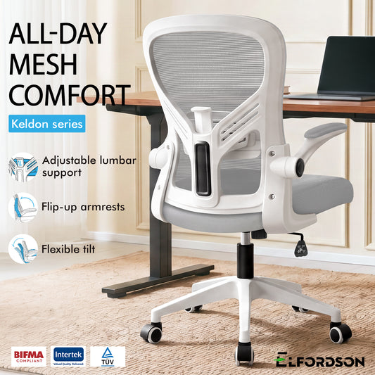 ELFORDSON Mesh Office Chair Executive Tilt Fabric Computer Work Grey and White