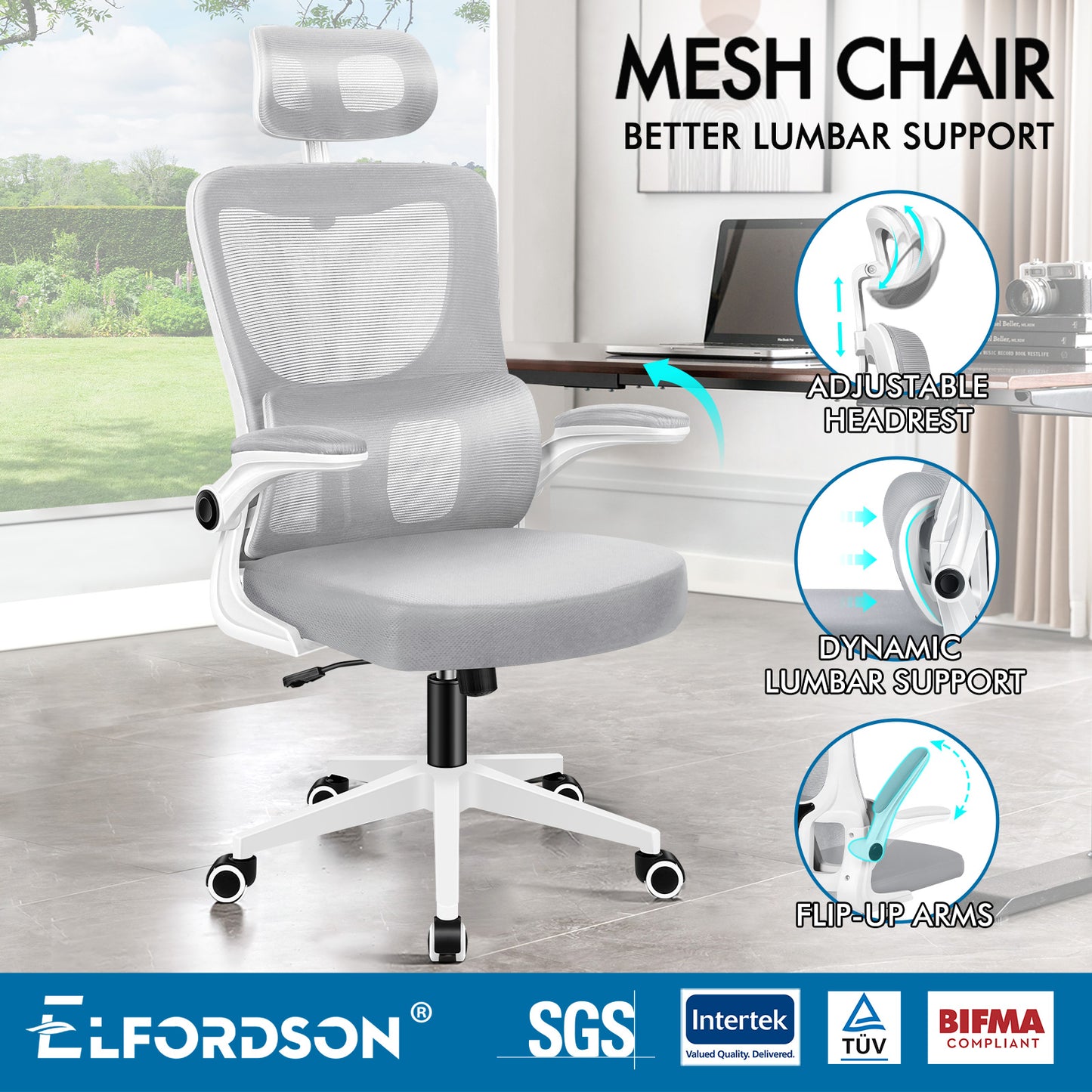 ELFORDSON Mesh Office Chair Executive Computer Fabric Tilt Grey and White