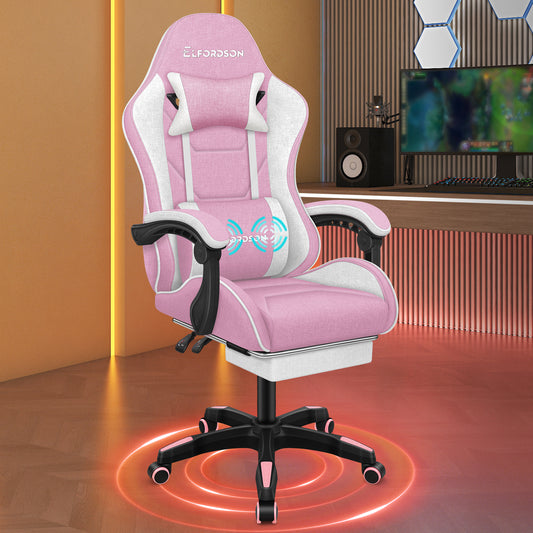 ELFORDSON Gaming Chair with 2-Point Massage Lumbar Cushion, 150° Reclining, Fabric, Pink