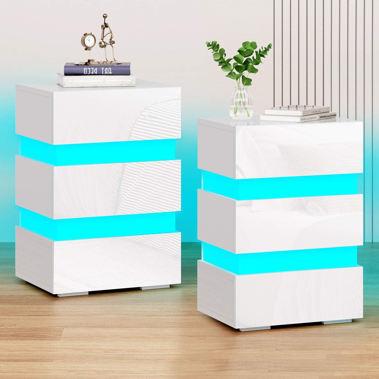 ELFORDSON Bedside Table 3 Drawer LED Nightstand Storage Cabinet High Gloss White