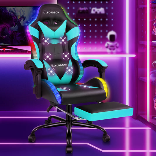 ELFORDSON Gaming Chair Office Massage 12 RGB LED Computer Seat PU Leather Cyan