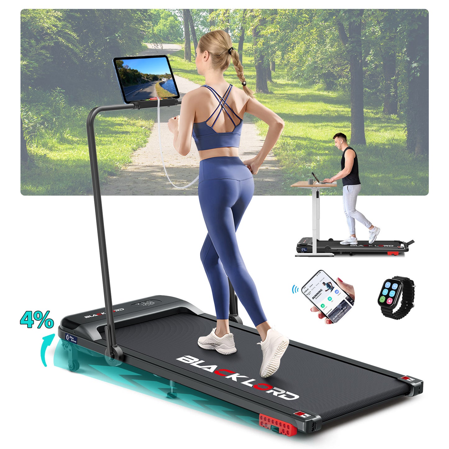 BLACK LORD Treadmill Electric Walking Pad Home Office Incline Foldable Black