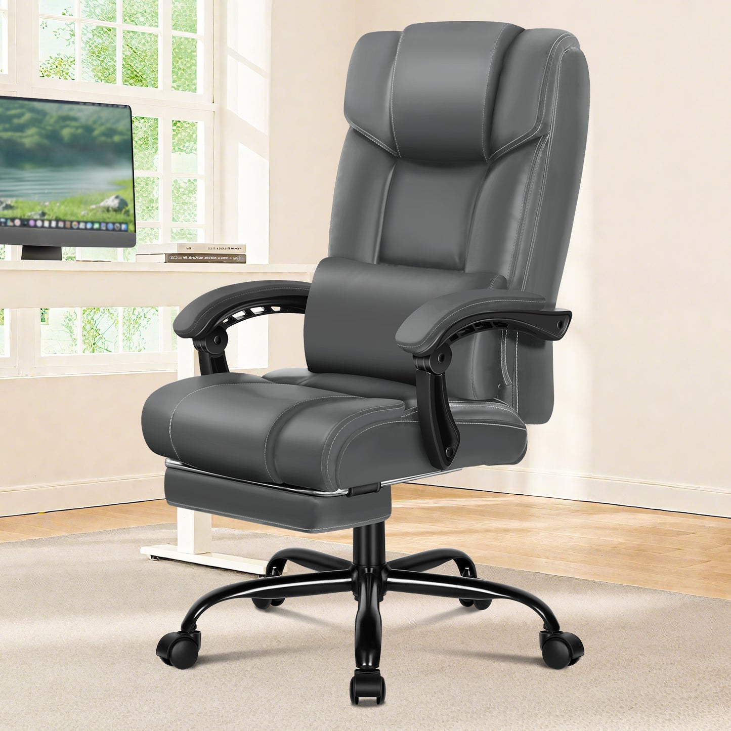 ELFORDSON Office Chair Executive Computer Gaming PU Leather Seat Recliner Grey