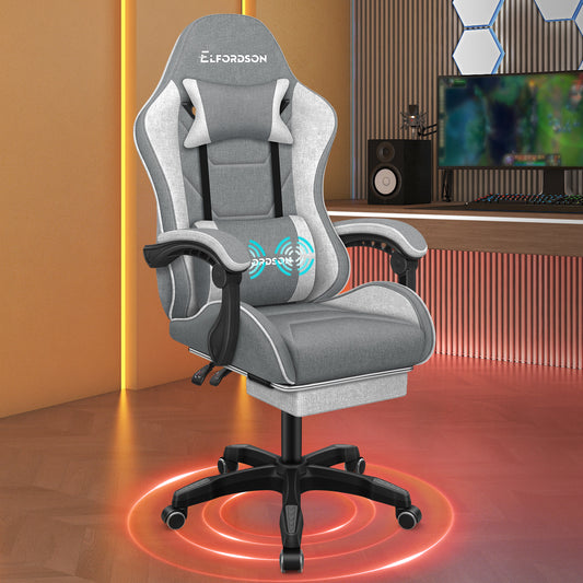 ELFORDSON Gaming Chair with 2-Point Massage Lumbar Cushion, 150° Reclining, Fabric, Light Grey