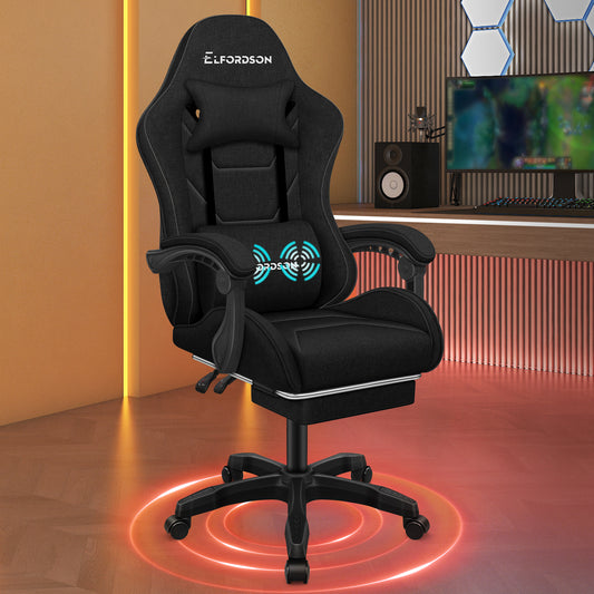 ELFORDSON Gaming Chair with 2-Point Massage Lumbar Cushion, 150° Reclining, Fabric, Black