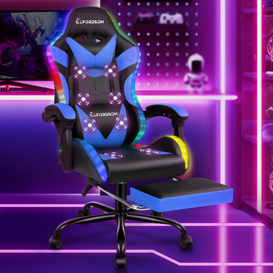 ELFORDSON Gaming Chair Office Massage 12 RGB LED Computer Seat PU Leather Blue