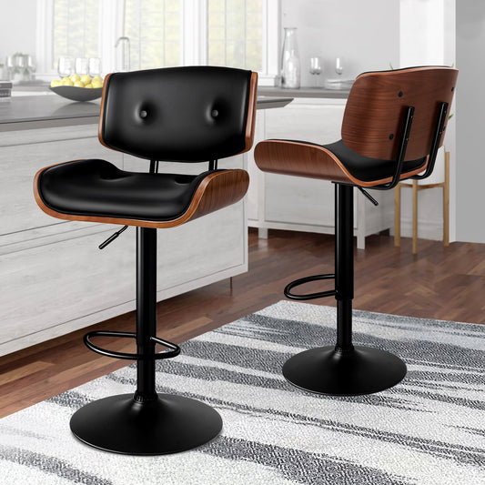 ALFORDSON 2 x Bar Stools, Wooden, 360° Swivel PU Leather, Black