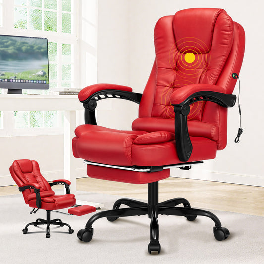 ELFORDSON Massage Office Chair with Footrest Executive Gaming Seat Leather Red