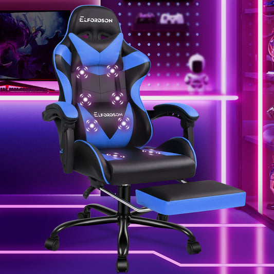 ELFORDSON Gaming Chair Office Massage Computer Racing Seat PU Leather Blue