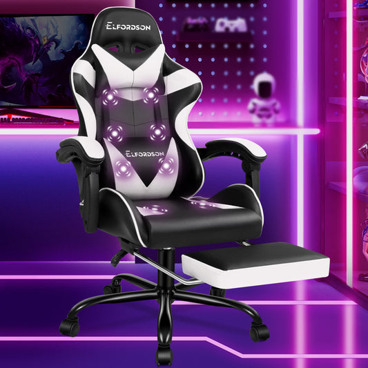 ELFORDSON Gaming Chair Office Massage Computer Racing Seat PU Leather White