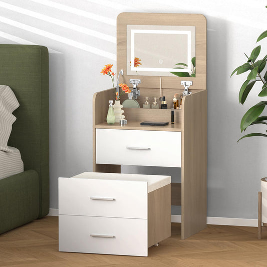 ALFORDSON 3 in 1 Dressing Table with Stool, Makeup Vanity Hinged Mirror, Foldable Top, Drawers Vanity Desk with LED Lighting, Small Dressing Table Set, Cosmetic Table for Bedroom,Wood Color